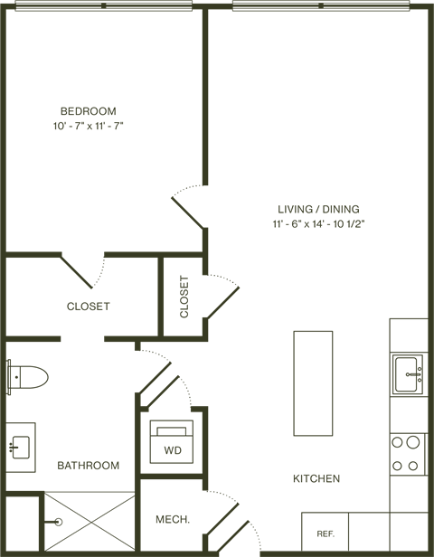 Floor plan for 1 bed, 1 bath, 651 sqft